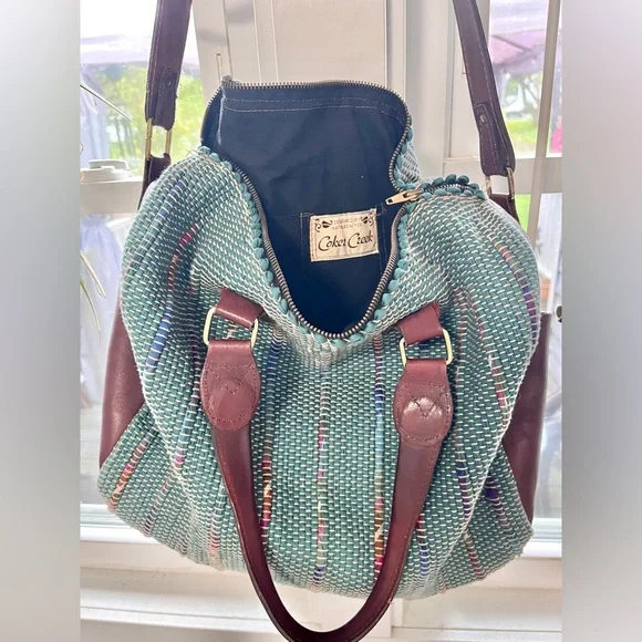 Vintage Hand Woven Leather Weekend Duffle Bag Teal Indie Hippie - Picture 1 of 8